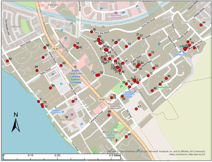 The Maui Police Department released maps of Lahaina showing where 97 people died as a result of the Aug. 8 fires. (Courtesy: MPD/2024)